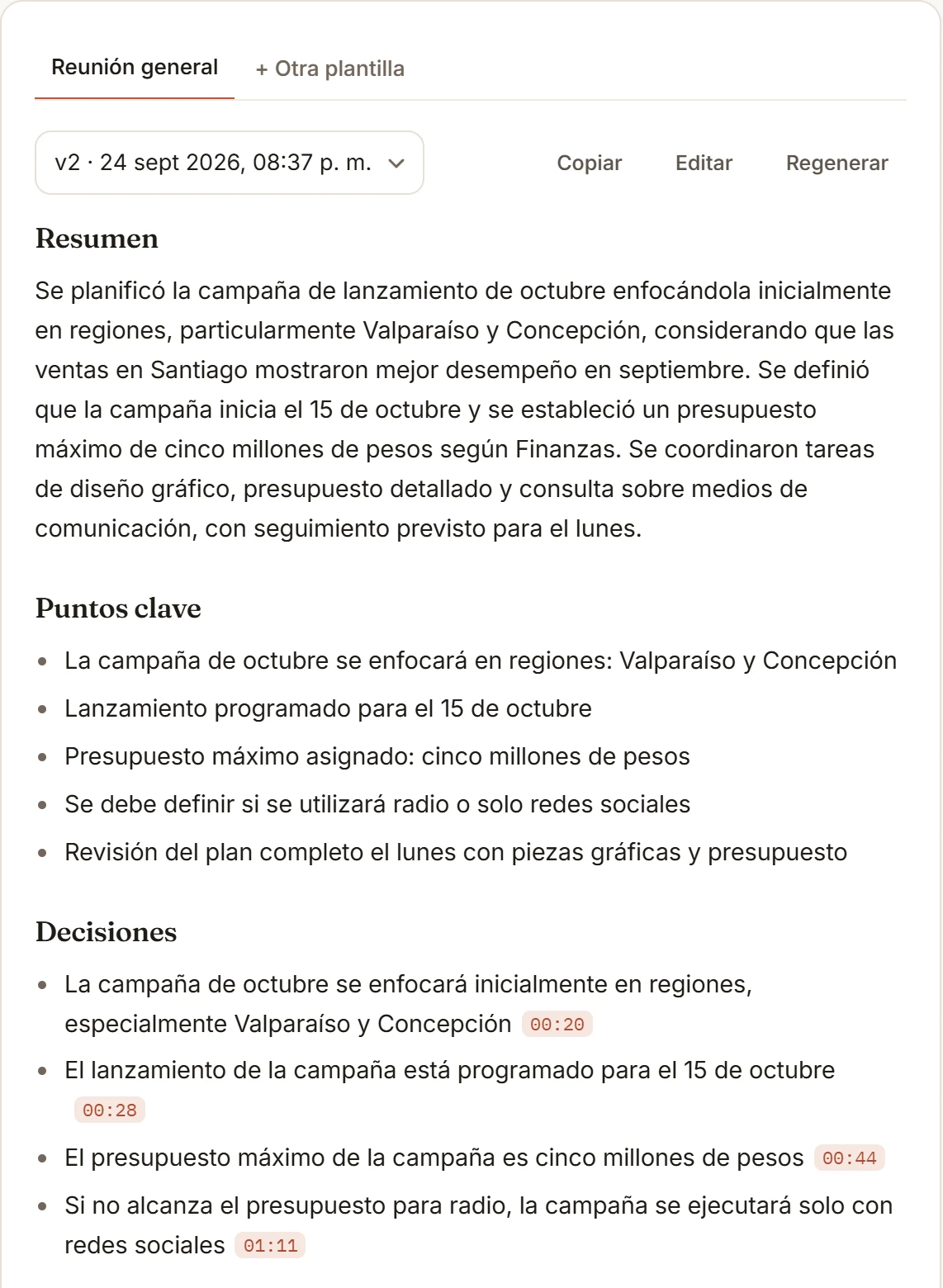 Las notas de una reunión: resumen, puntos clave, decisiones con su minuto y tareas