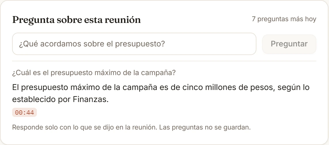 Pregunta sobre esta reunión: ¿cuál es el presupuesto máximo? Respuesta: cinco millones de pesos, en el minuto 00:44